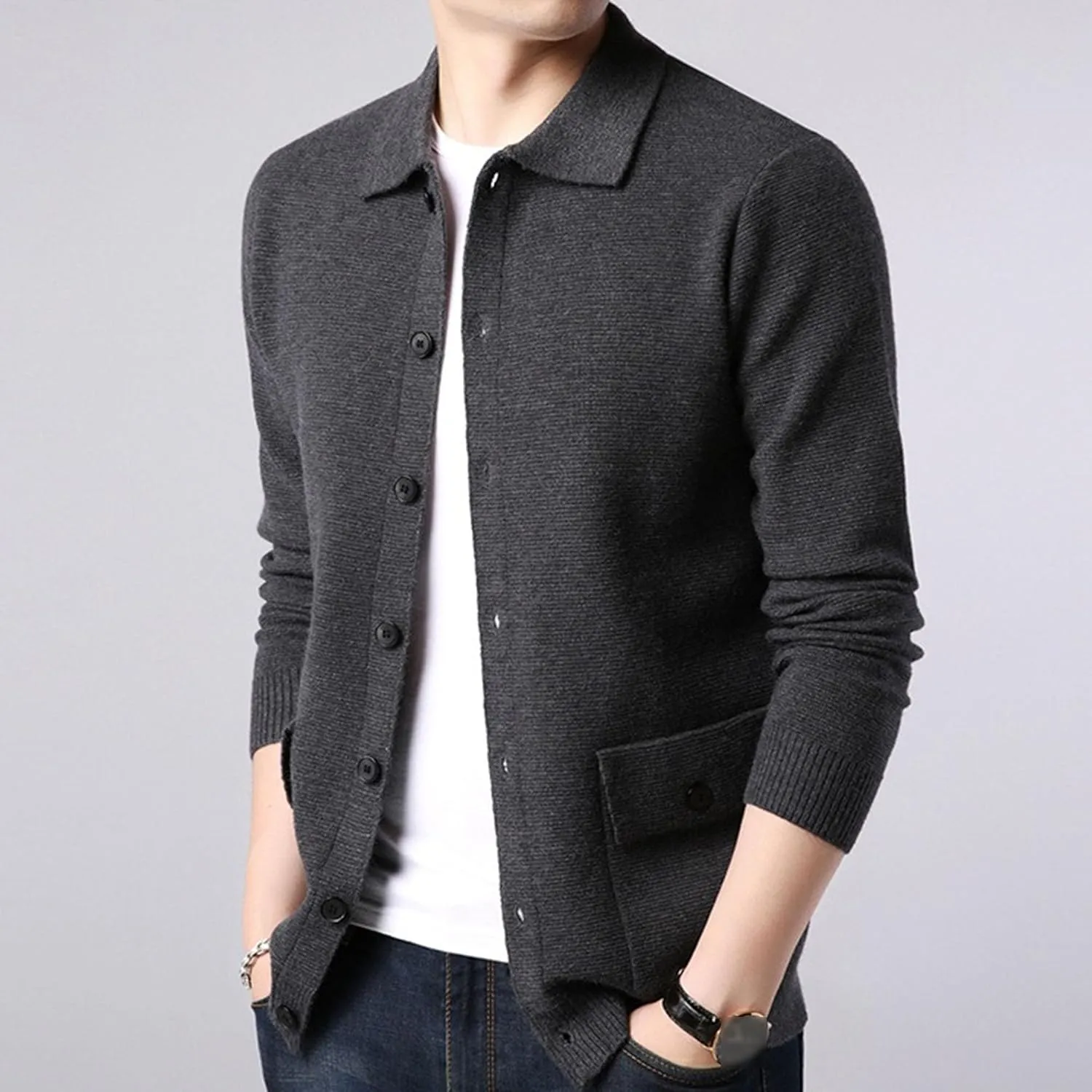 Men's Button Down Cardigan Lapel Sweater Relaxed Fit Casual Pockets Sweater Knitted Solid Soft Sweaters