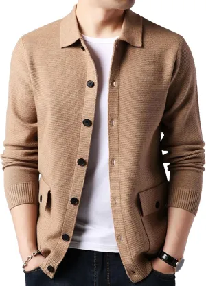 Men's Button Down Cardigan Lapel Sweater Relaxed Fit Casual Pockets Sweater Knitted Solid Soft Sweaters