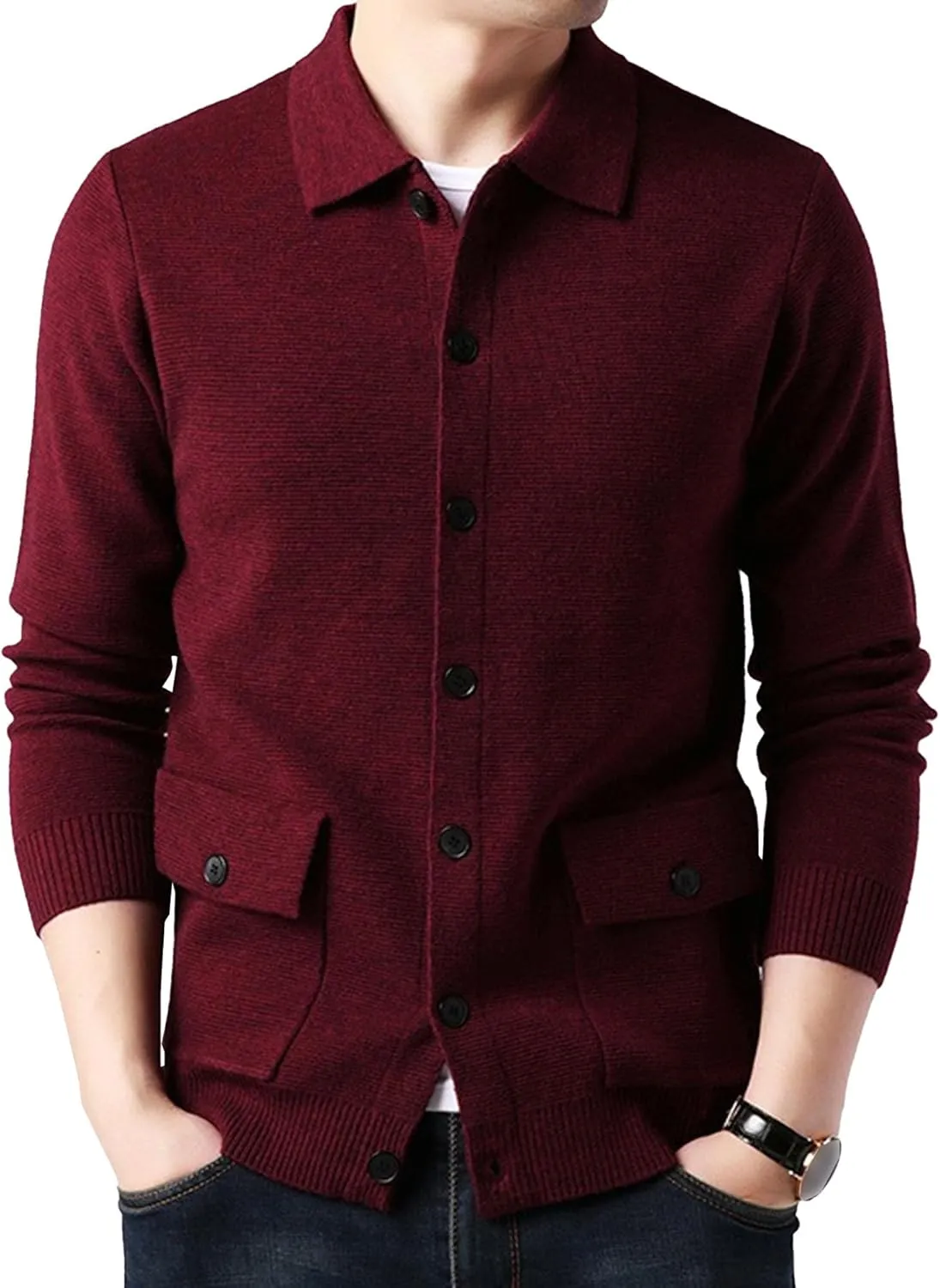 Men's Button Down Cardigan Lapel Sweater Relaxed Fit Casual Pockets Sweater Knitted Solid Soft Sweaters