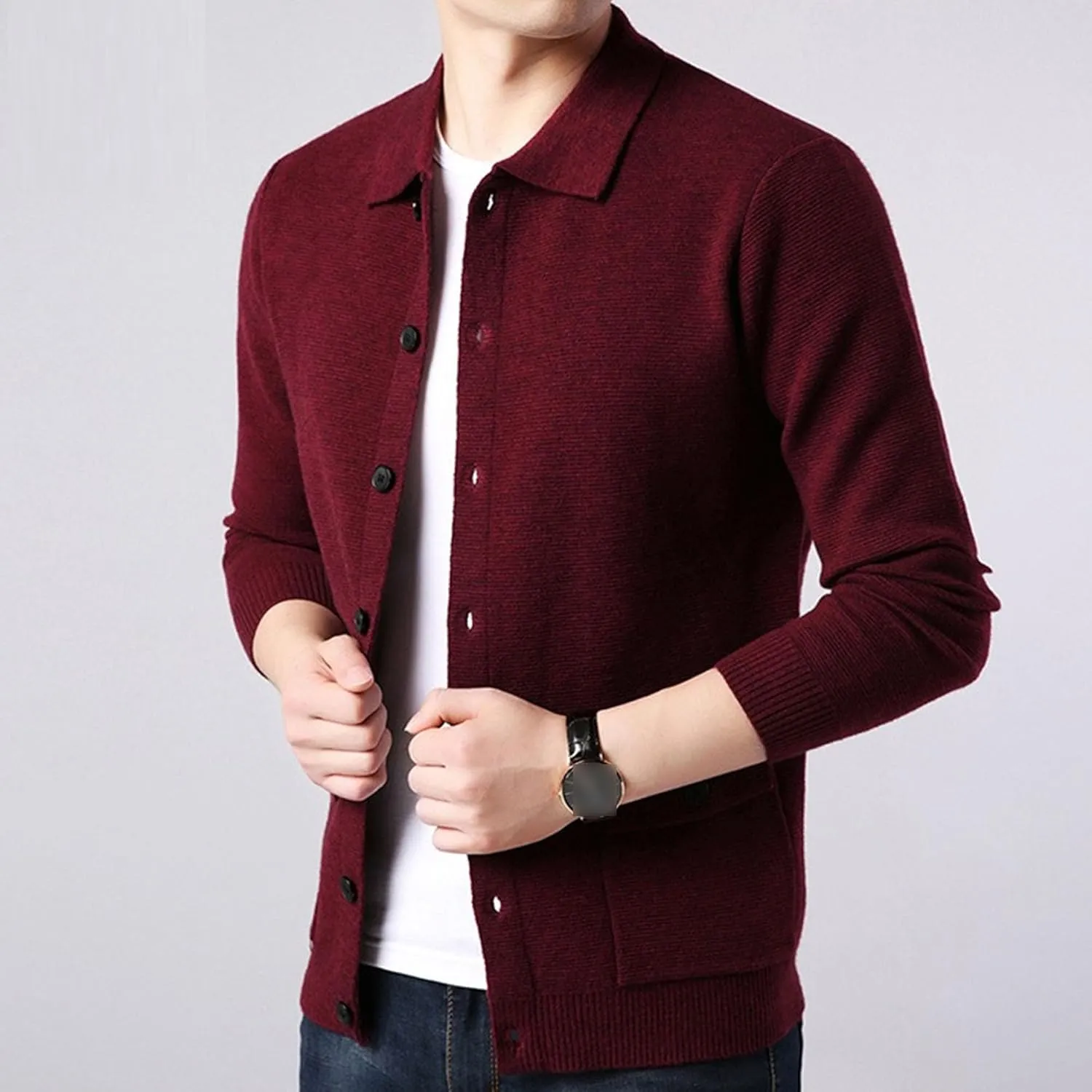 Men's Button Down Cardigan Lapel Sweater Relaxed Fit Casual Pockets Sweater Knitted Solid Soft Sweaters