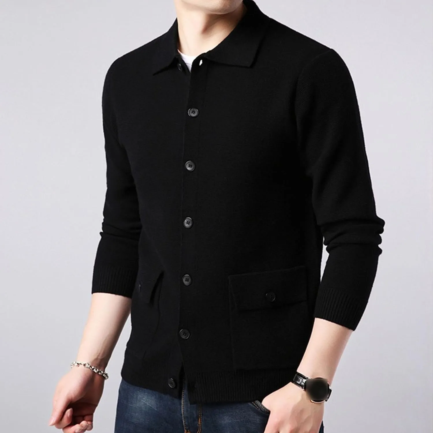 Men's Button Down Cardigan Lapel Sweater Relaxed Fit Casual Pockets Sweater Knitted Solid Soft Sweaters