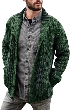 Men's Cable Knit Cardigan Sweater Collar Button Cardigans Slim Fit Sweaters Men Chunky Sweater with Pockets