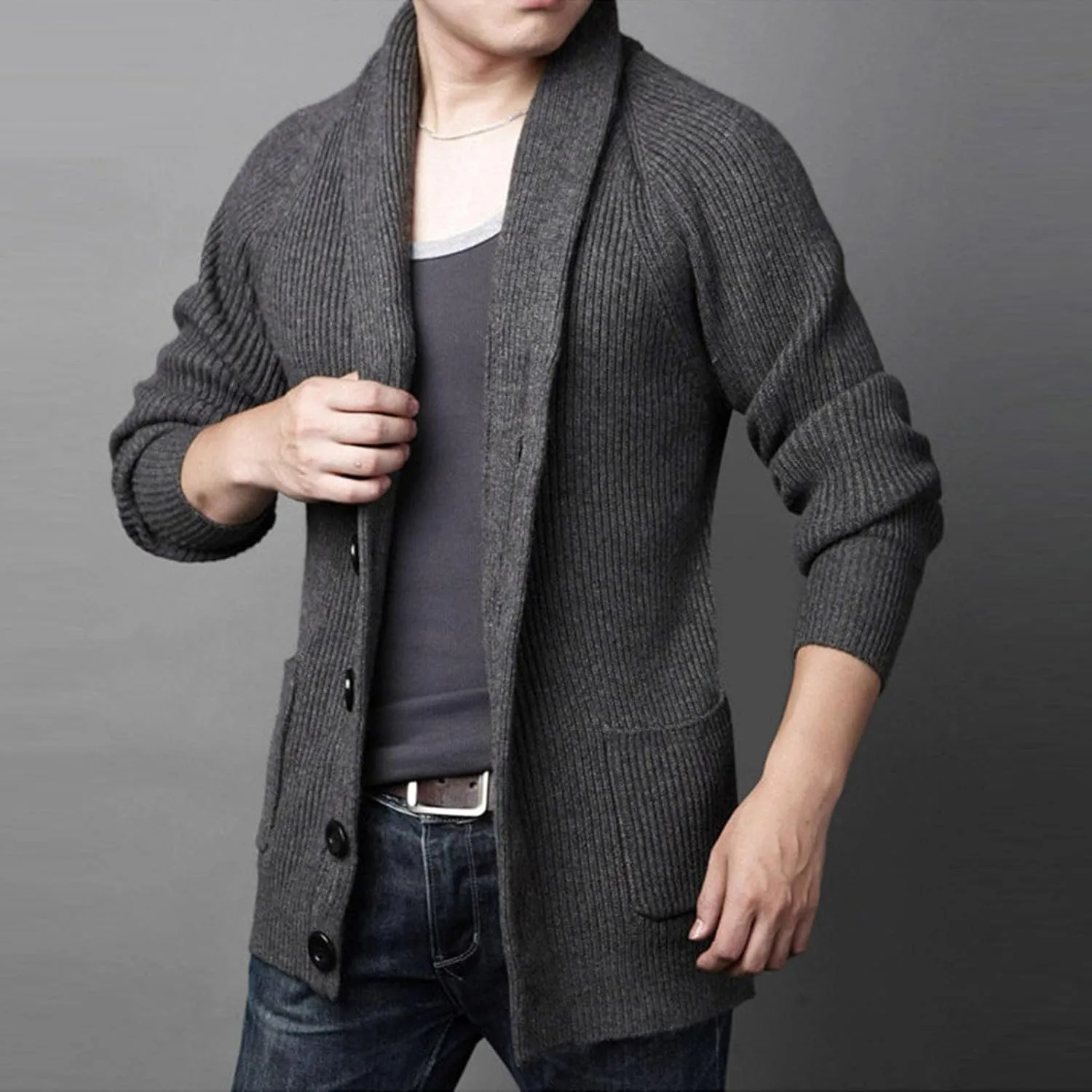 Mens Cable Knit Cardigan Sweater Loose Button Down Shawl Collar Sweater Long Sleeve Casual Chunky Ribbed Cardigans