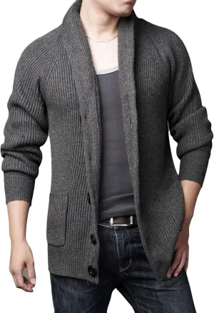 Mens Cable Knit Cardigan Sweater Loose Button Down Shawl Collar Sweater Long Sleeve Casual Chunky Ribbed Cardigans