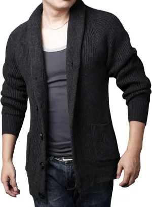 Mens Cable Knit Cardigan Sweater Loose Button Down Shawl Collar Sweater Long Sleeve Casual Chunky Ribbed Cardigans