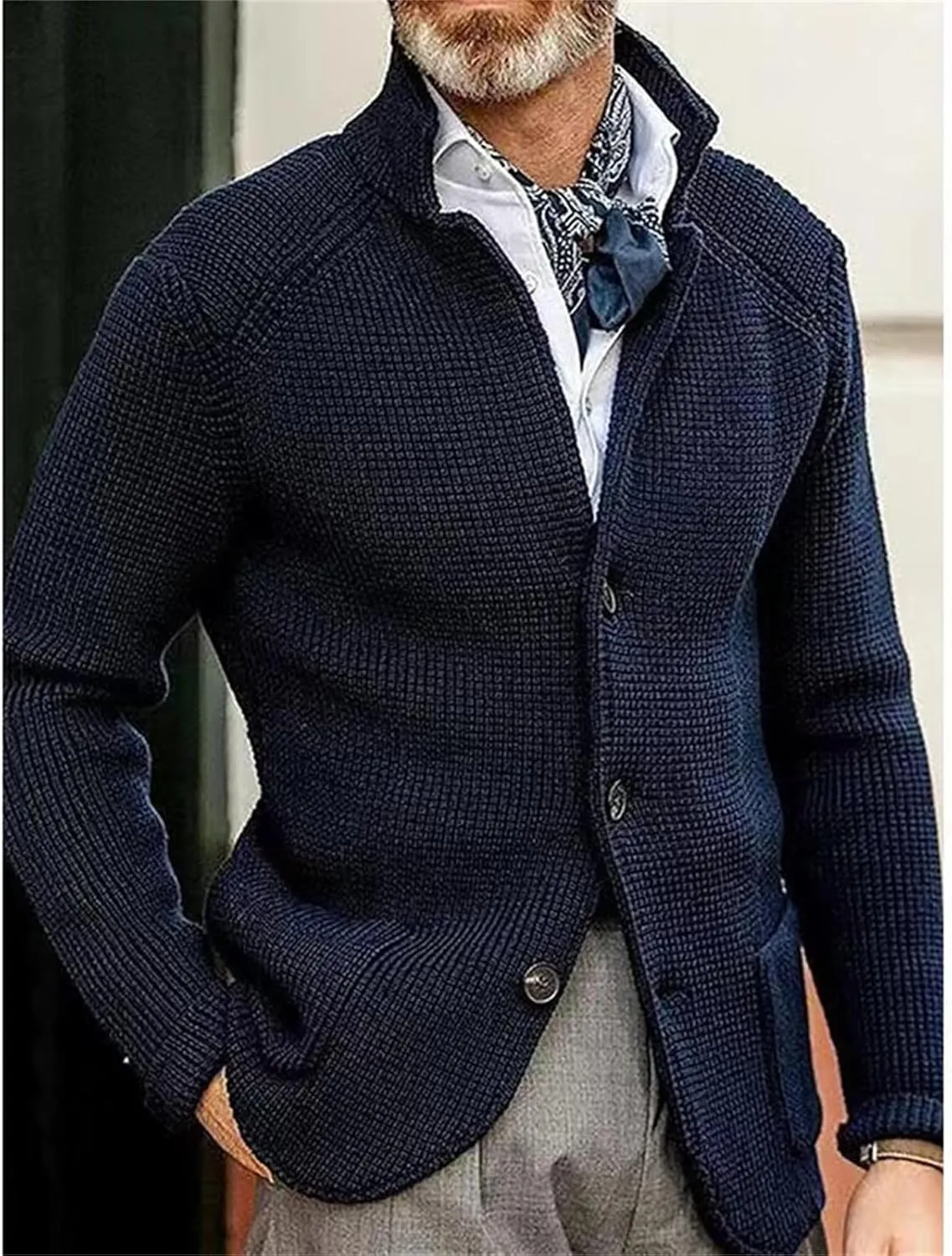 Mens Cardigan Sweater Stand Collar Button Down Knit Blazer Jacket Loose Fit Long Sleeve Casual Cardigans Knitwear