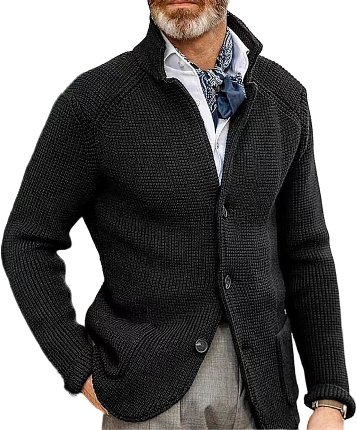 Mens Cardigan Sweater Stand Collar Button Down Knit Blazer Jacket Loose Fit Long Sleeve Casual Cardigans Knitwear