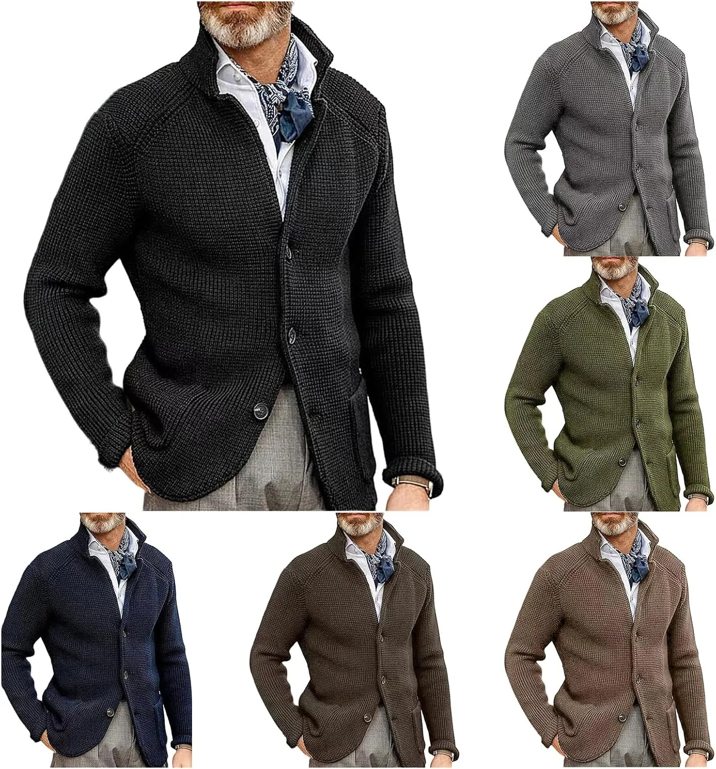 Mens Cardigan Sweater Stand Collar Button Down Knit Blazer Jacket Loose Fit Long Sleeve Casual Cardigans Knitwear