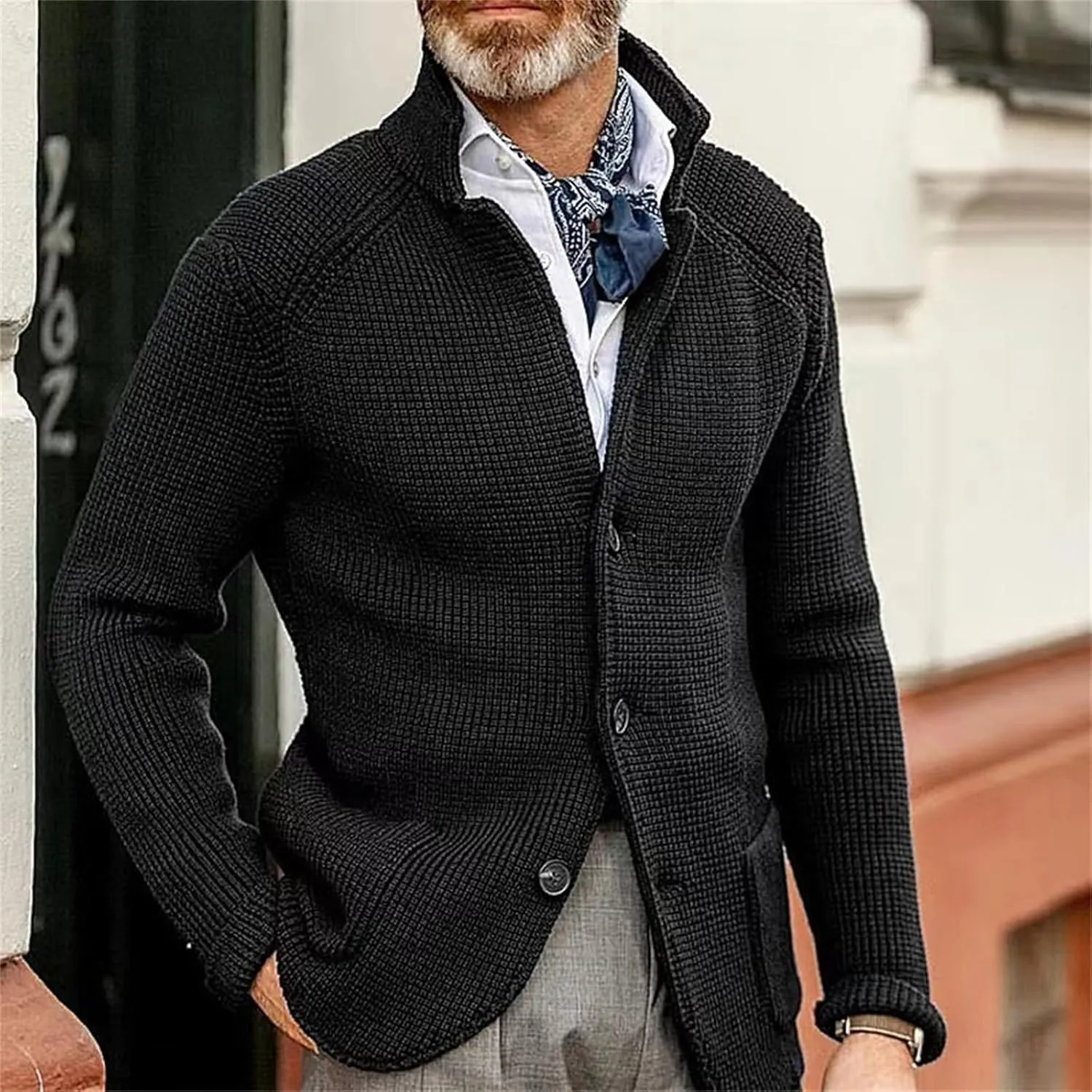 Mens Cardigan Sweater Stand Collar Button Down Knit Blazer Jacket Loose Fit Long Sleeve Casual Cardigans Knitwear