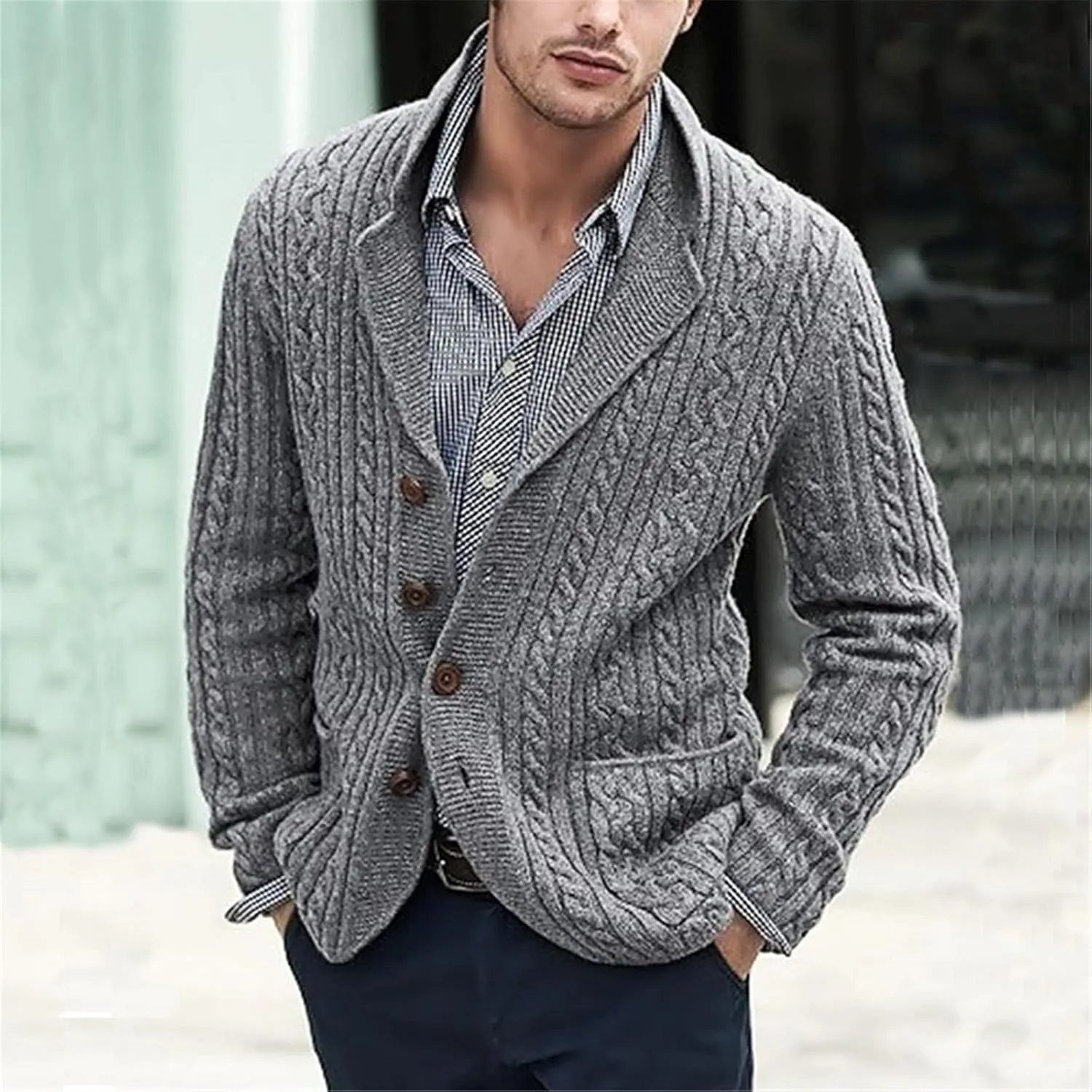 Mens Cardigan Sweaters Knitted Long Sleeve Cable Twisted Knit Warm Winter Sweater Casual Button Down Knitt Sweaters