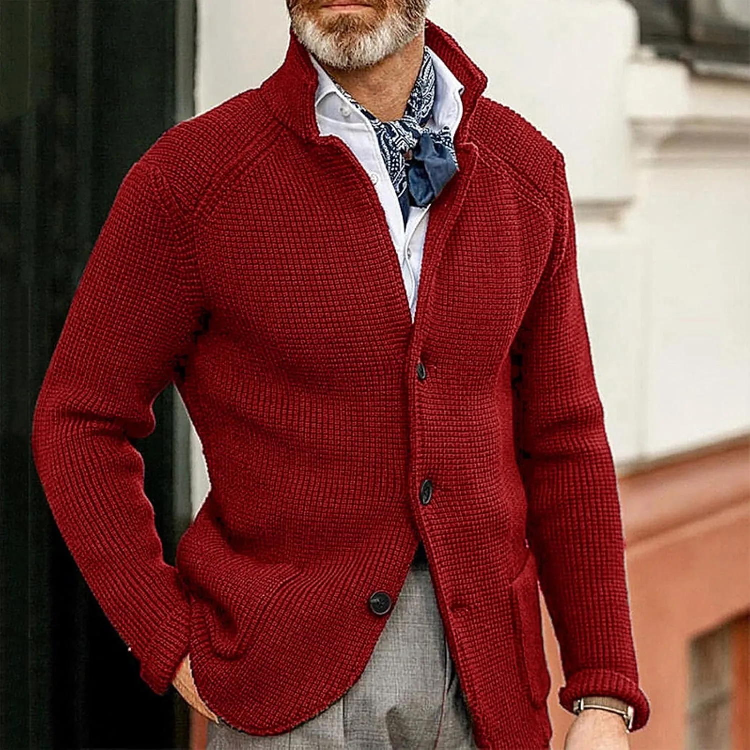 Mens Cardigan with Buttons Knitted Lapel Oversized Cardigan Sweater Lightweight Warm Lounge Winter Cardigan