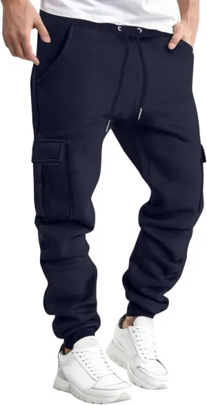 Men's Cargo Jogger Sweatpants Hat Multi Woven Pocket Foot Rope Solid Pants Street Cargo Men's Cargo Pants with