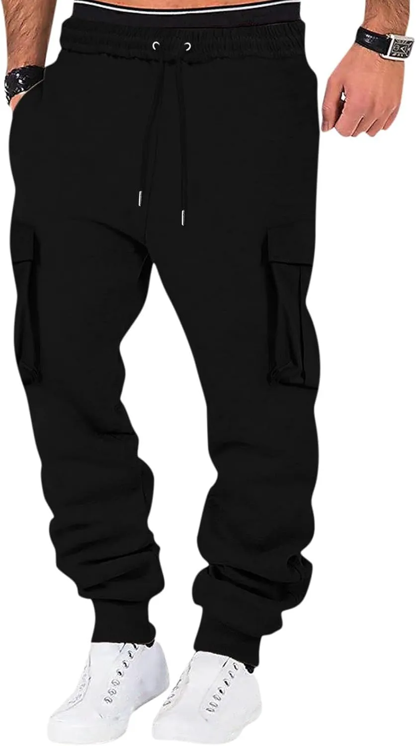 Men's Casual Cargo Pants Workout Joggers Loose Sports Running Solid Color Lace Up Cargo Pants Mens Cargo Hiking Pants