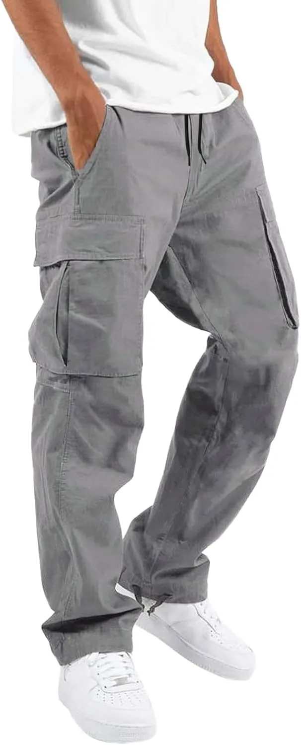 Men's Casual Cargo Pants Workout Joggers Stretch Sweatpants Hiking Drawstring Tactical Pants with Multi Pockets