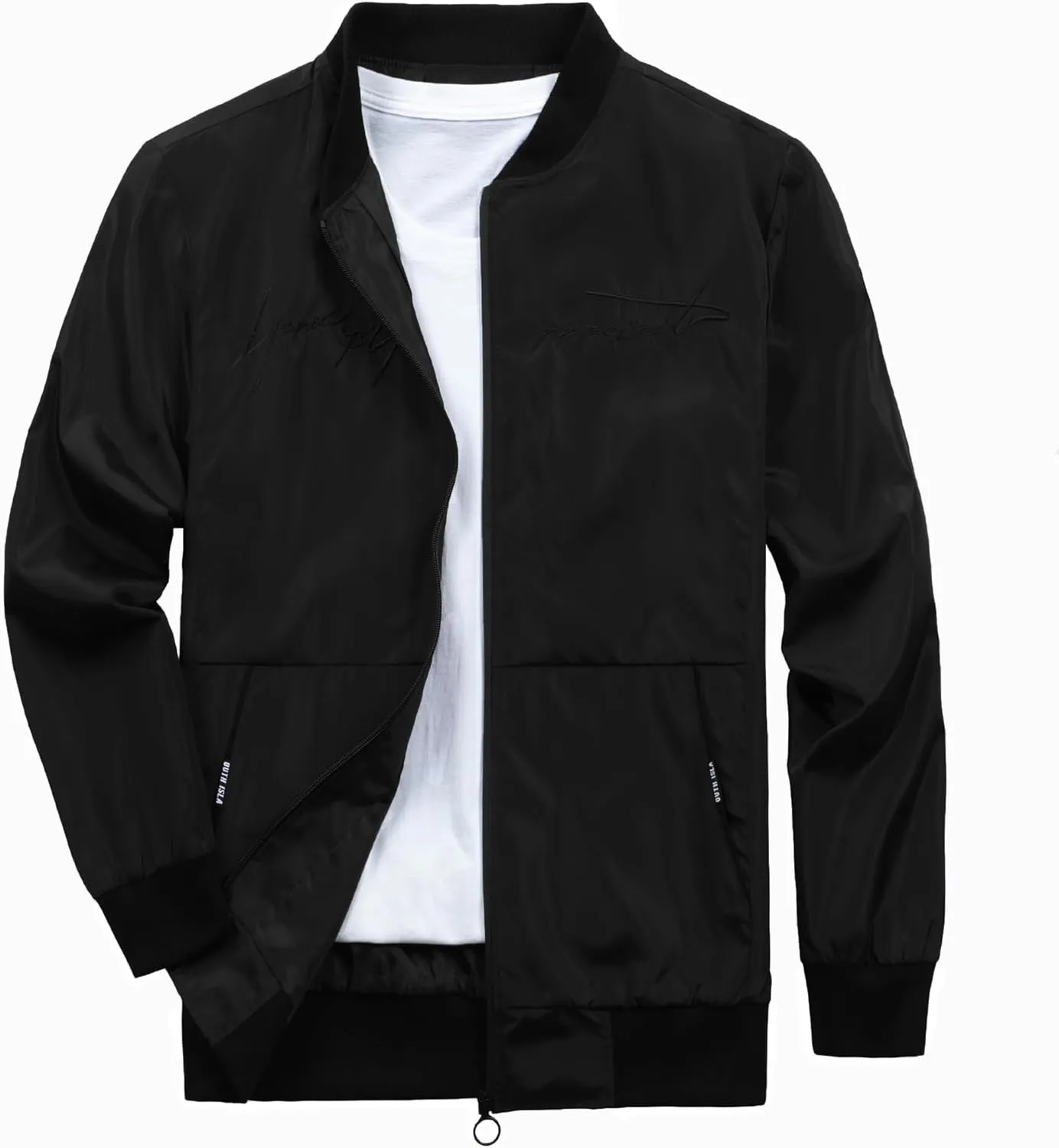 Mens Casual Coat Jacket, Long Sleeve Embroidered Bomber Jacket with Zipper, Anorak Windbreaker with Pockets