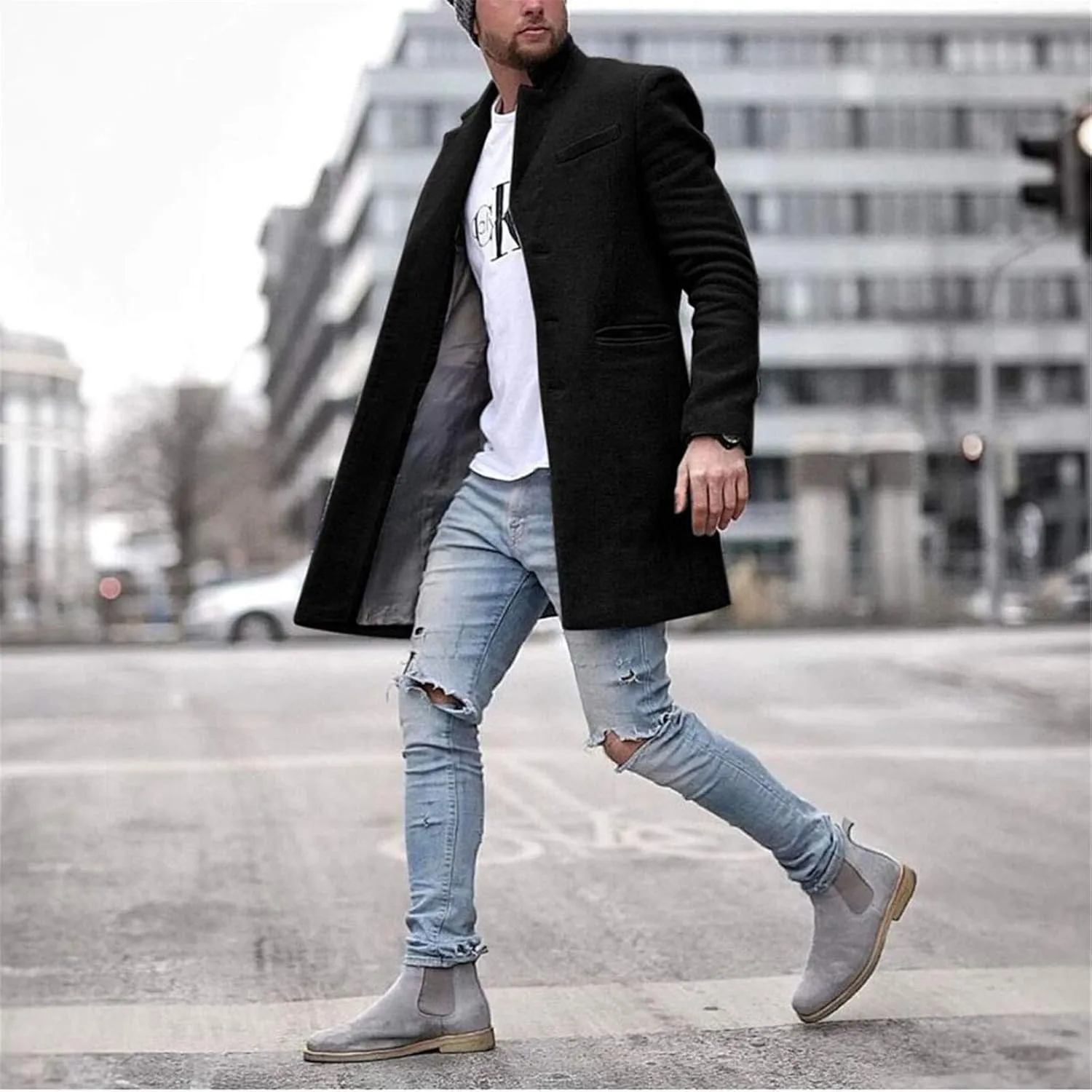 Men's Casual Color Block Trench Coat Slim Fit Notched Collar Long Jacket Overcoat Single Breasted Peacoat wih Pocket