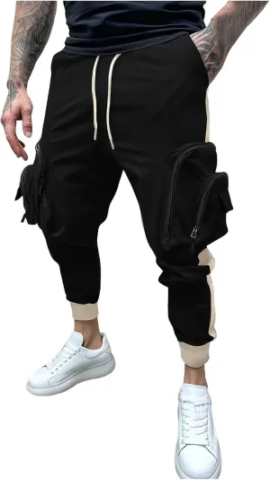Men's Casual Cotton Cargo Pants Elastic Waist with Belt Cargo Men's Cargo Pants Elastic Waistband Chino Slim Skinny