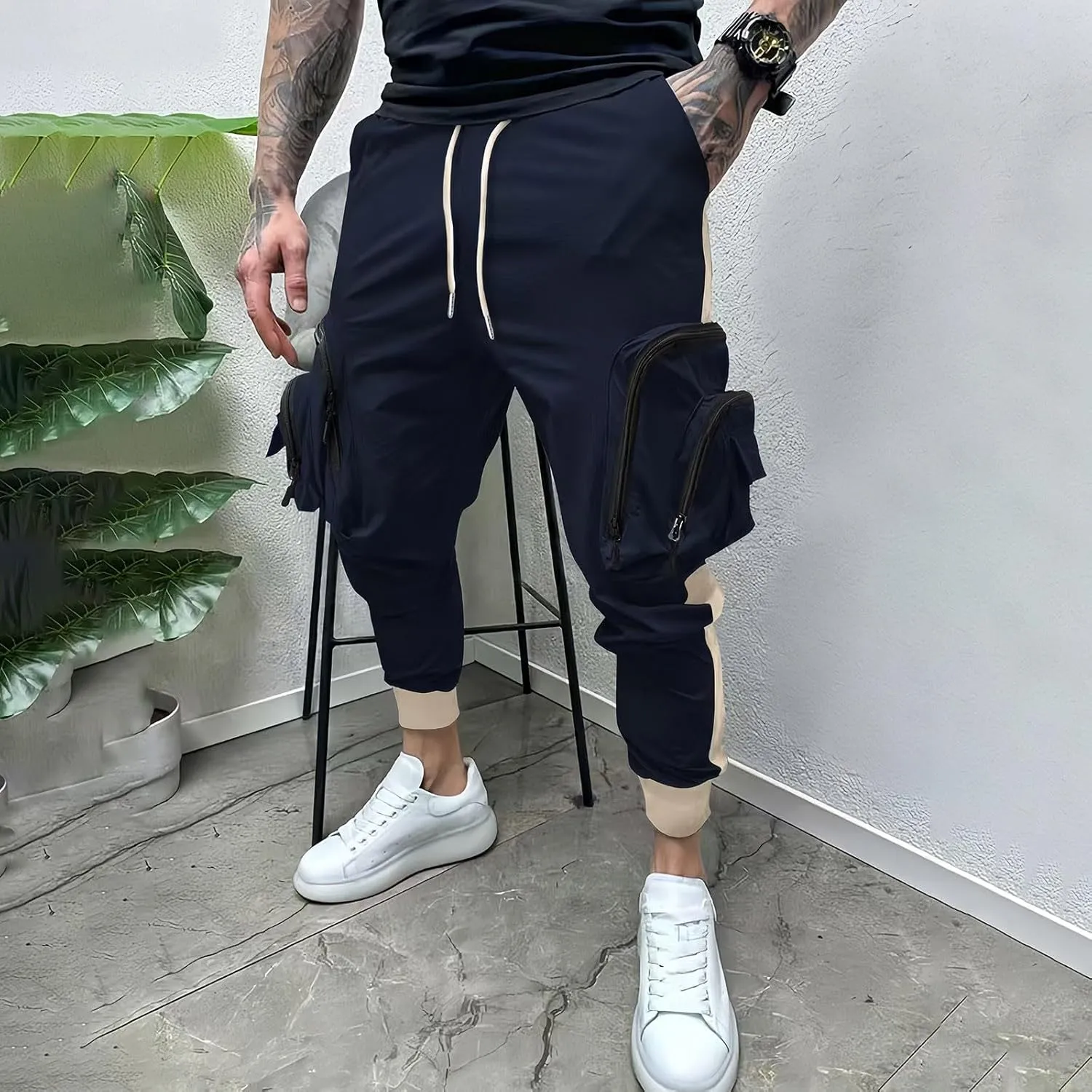 Men's Casual Cotton Cargo Pants Elastic Waist with Belt Cargo Men's Cargo Pants Elastic Waistband Chino Slim Skinny