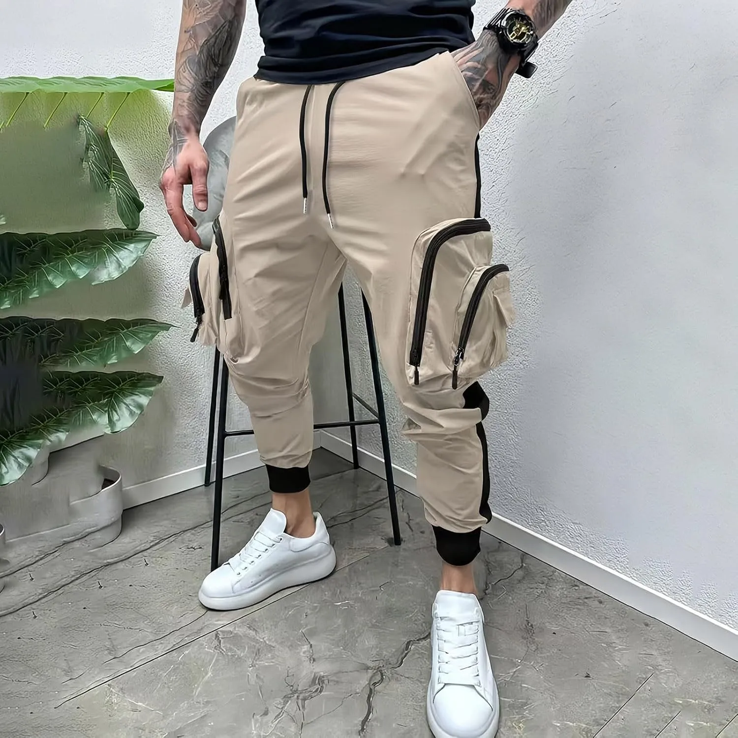 Men's Casual Cotton Cargo Pants Elastic Waist with Belt Cargo Men's Cargo Pants Elastic Waistband Chino Slim Skinny