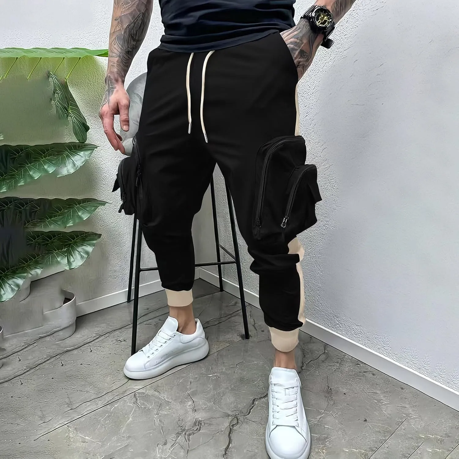 Men's Casual Cotton Cargo Pants Elastic Waist with Belt Cargo Men's Cargo Pants Elastic Waistband Chino Slim Skinny