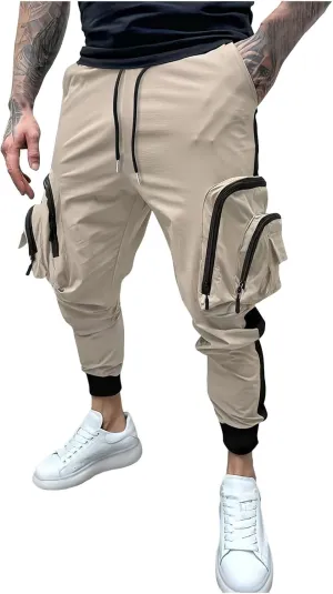 Men's Casual Cotton Cargo Pants Elastic Waist with Belt Cargo Men's Cargo Pants Elastic Waistband Chino Slim Skinny