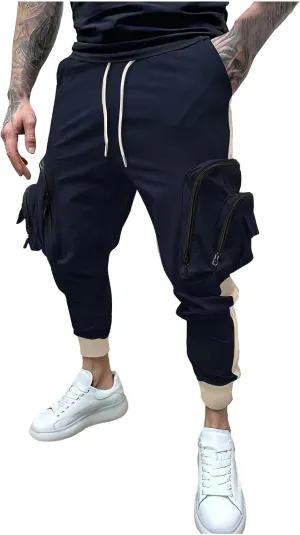 Men's Casual Cotton Cargo Pants Elastic Waist with Belt Cargo Men's Cargo Pants Elastic Waistband Chino Slim Skinny