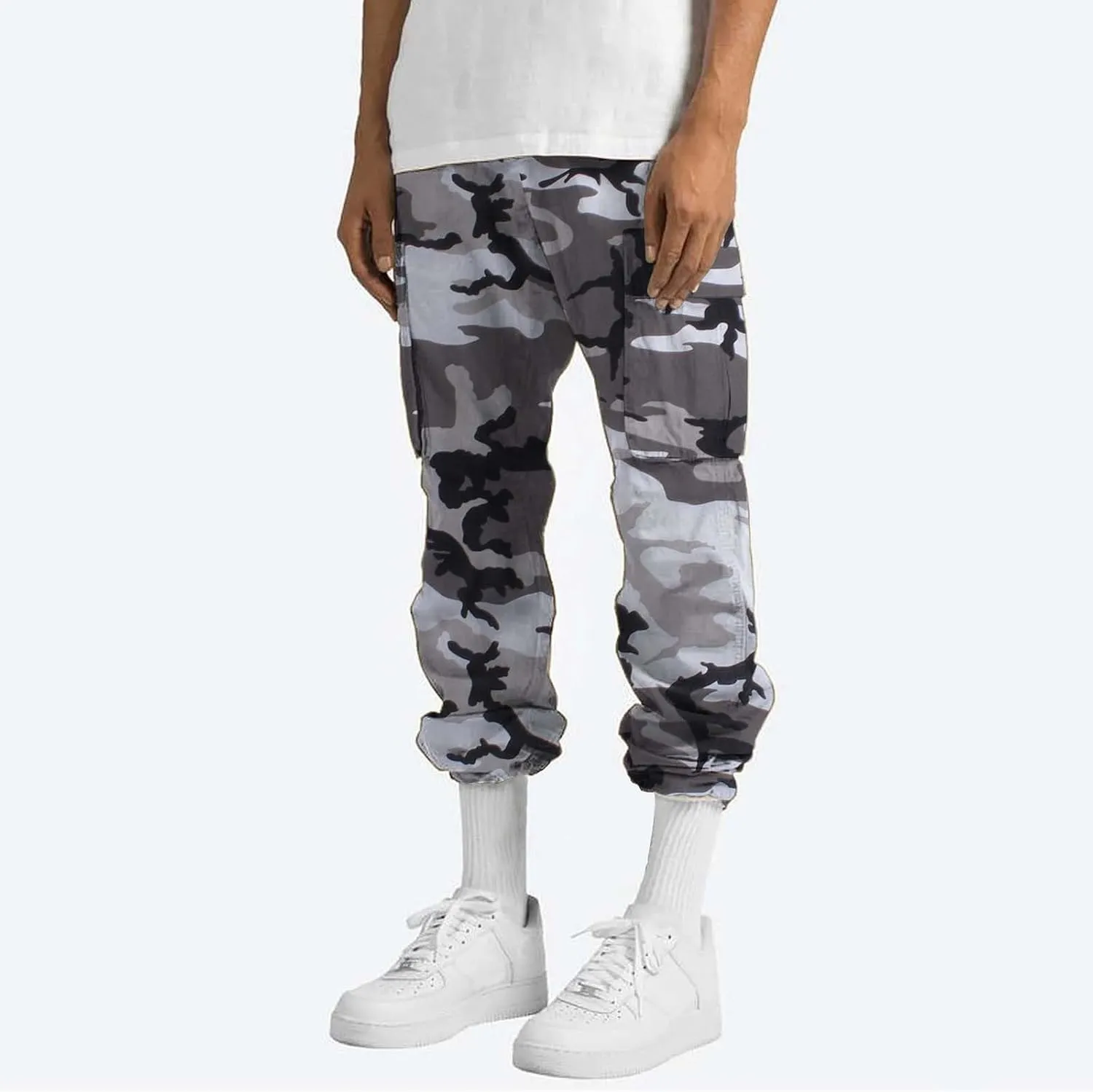 Mens Casual Joggers Pants Men's Winter Street Casual Sports Multi Pocket Up Solid Color Open Bottom Running