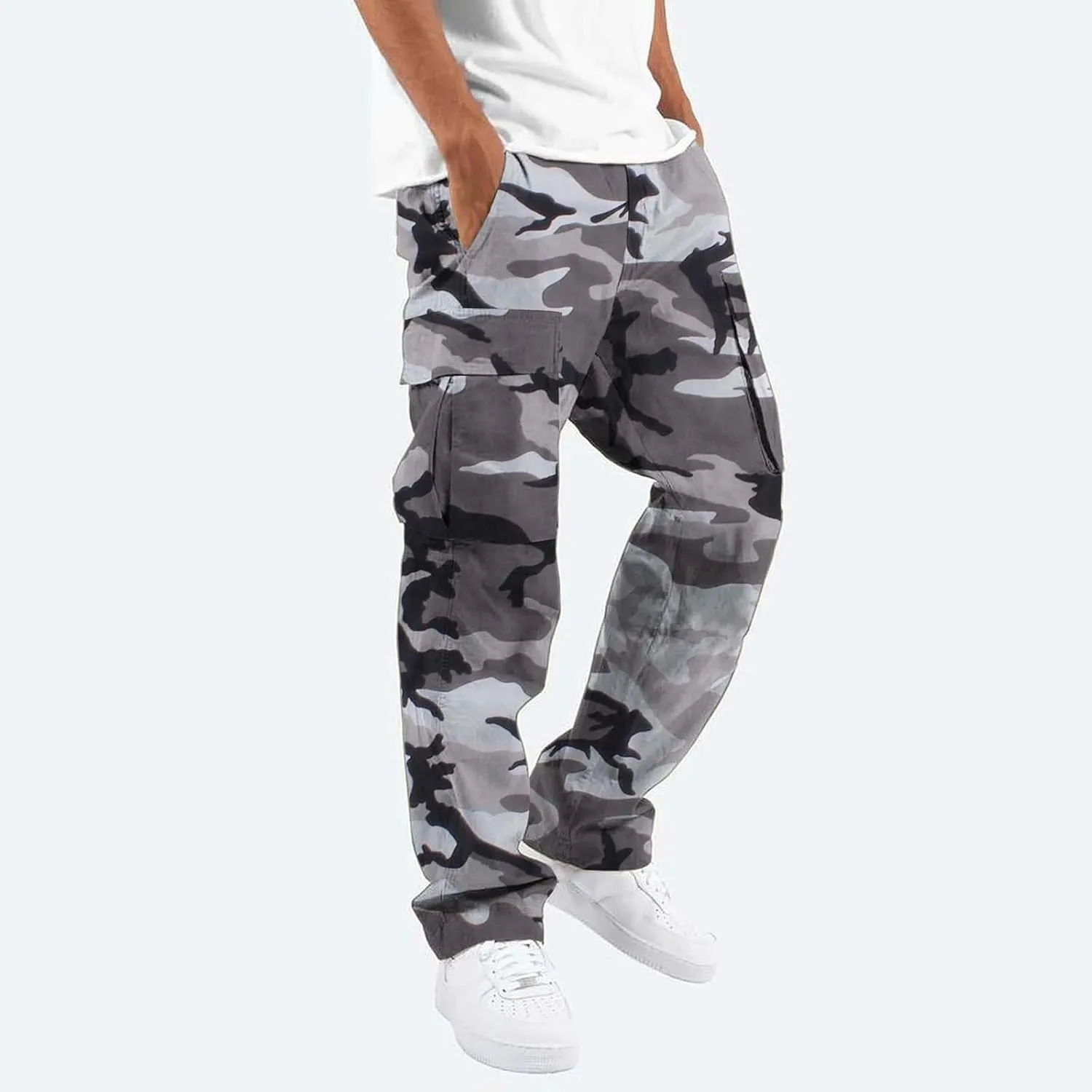 Mens Casual Joggers Pants Men's Winter Street Casual Sports Multi Pocket Up Solid Color Open Bottom Running