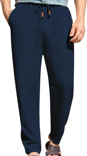 Mens Casual Pants Elastic Waist Drawstring Beach Pants Summer Lightweight Linen Comfy Pant Trousers with Pockets