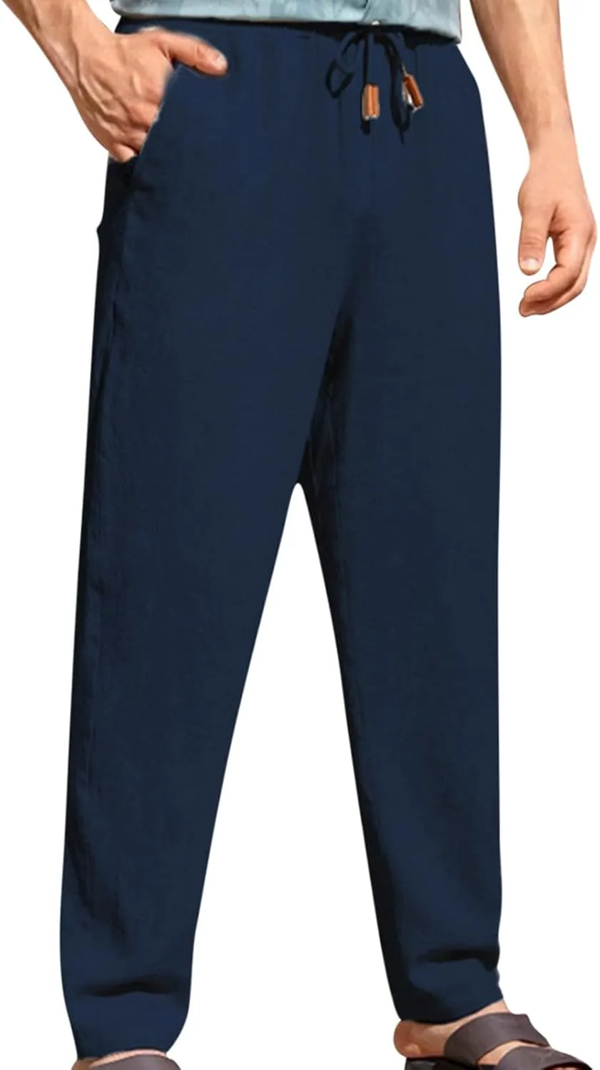 Mens Casual Pants Elastic Waist Drawstring Beach Pants Summer Lightweight Linen Comfy Pant Trousers with Pockets