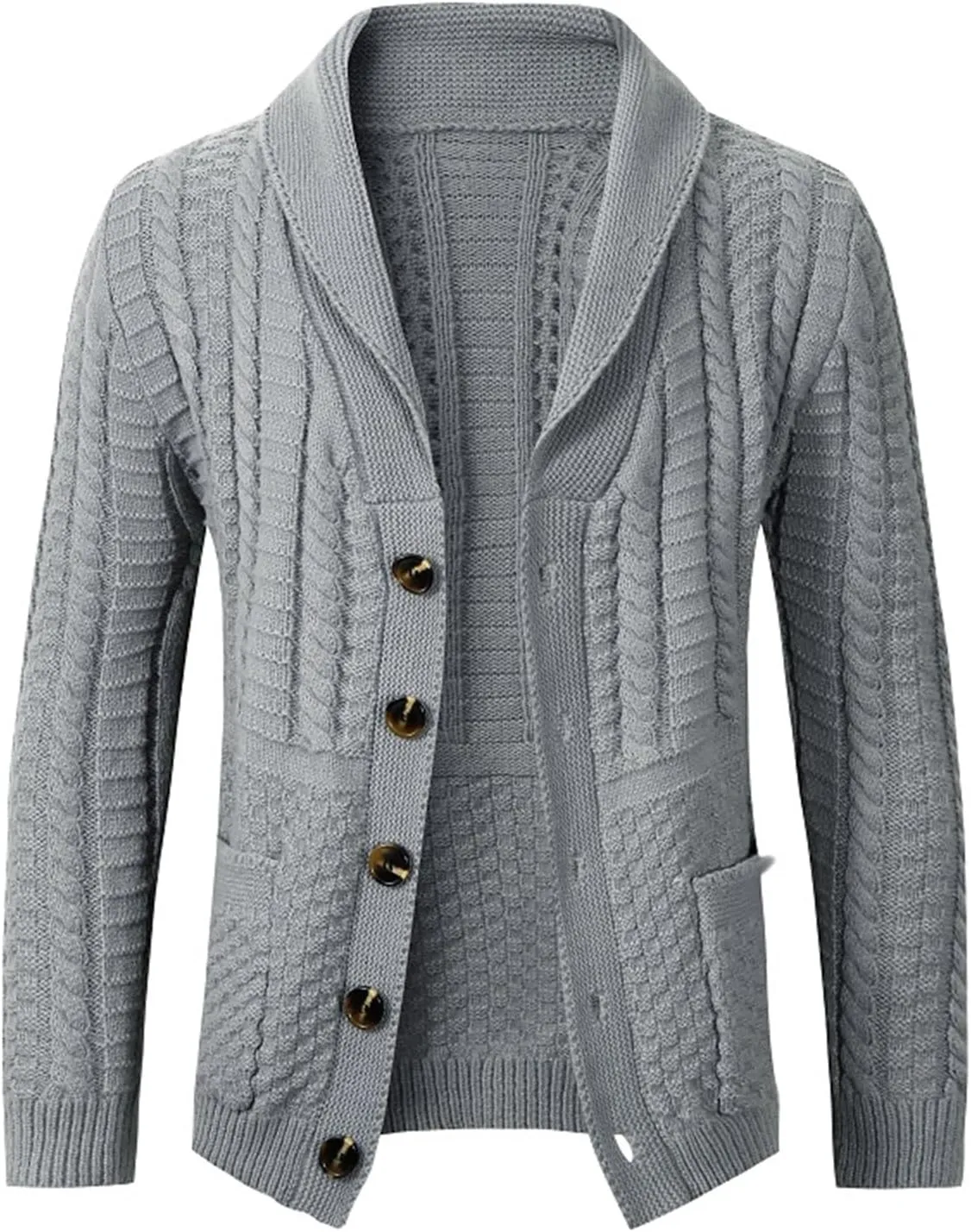 Men's Casual Shawl Collar Cardigans Long Sleeve Button Down Cable Knit Cardigan Casual Fashion Sweater with Pocket