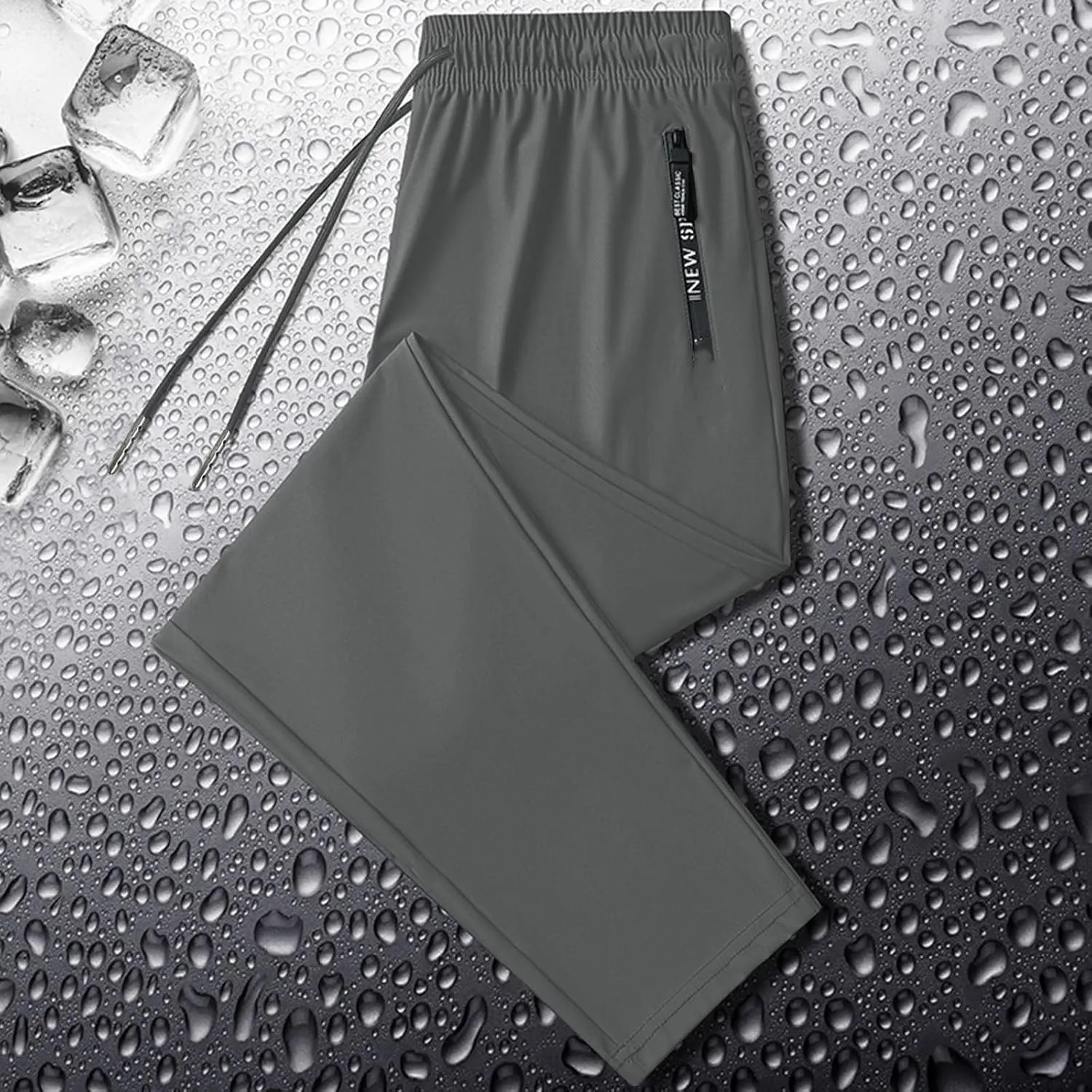 Mens Casual Workout Pants Stretch Athletic Pants Elastic Waist Pant Baggy Straight Leg Pants Zipper Pockets Trousers
