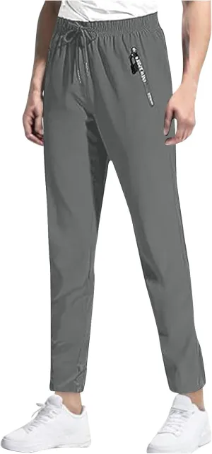 Mens Casual Workout Pants Stretch Athletic Pants Elastic Waist Pant Baggy Straight Leg Pants Zipper Pockets Trousers
