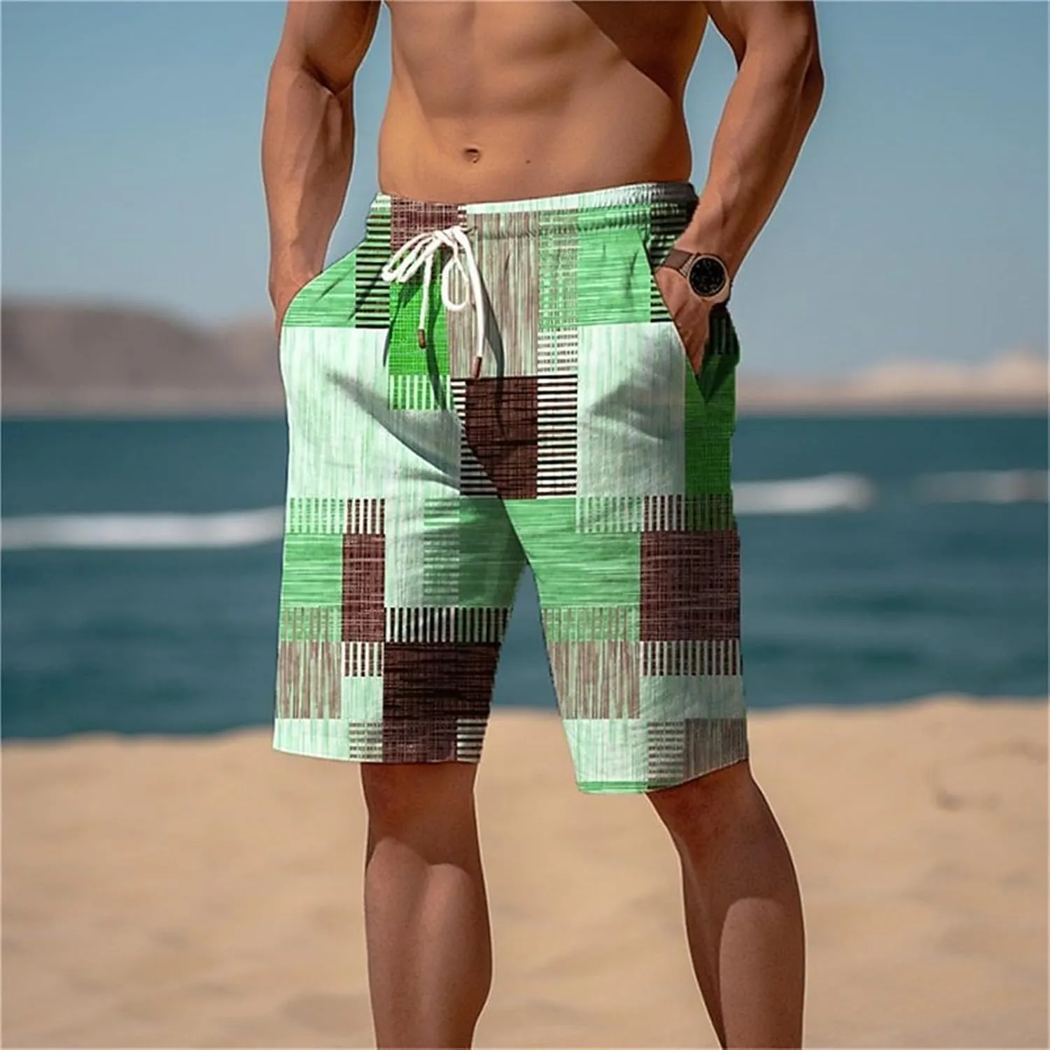 Mens Color Block Printed Summer Linen Pants Drawstring Straight Leg Casual Beach Pant Elastic Waist Beach Yoga Hawaiian Pants