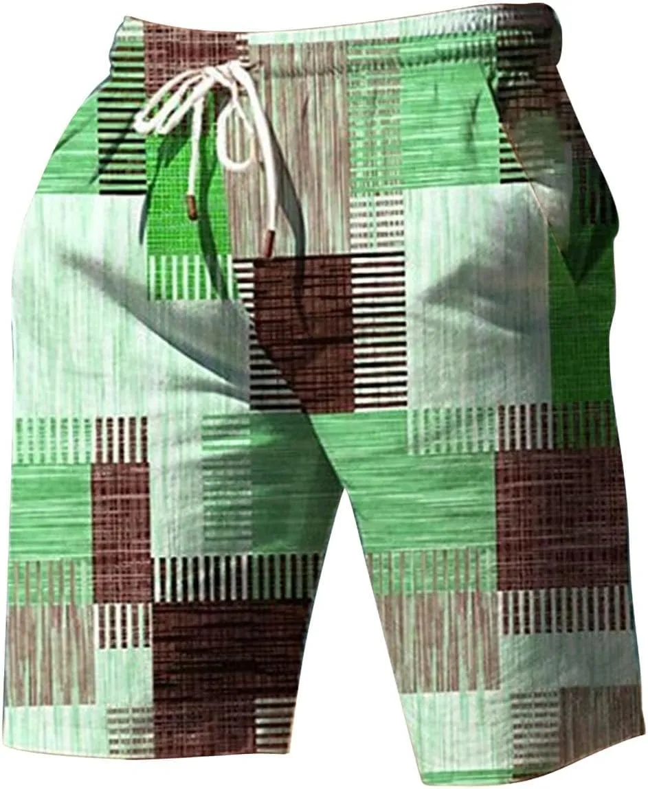 Mens Color Block Printed Summer Linen Pants Drawstring Straight Leg Casual Beach Pant Elastic Waist Beach Yoga Hawaiian Pants
