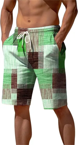 Mens Color Block Printed Summer Linen Pants Drawstring Straight Leg Casual Beach Pant Elastic Waist Beach Yoga Hawaiian Pants