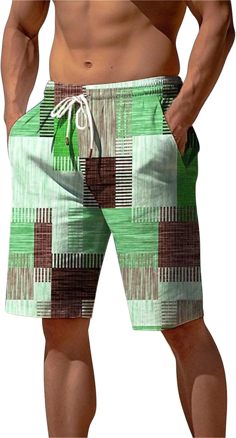 Mens Color Block Printed Summer Linen Pants Drawstring Straight Leg Casual Beach Pant Elastic Waist Beach Yoga Hawaiian Pants