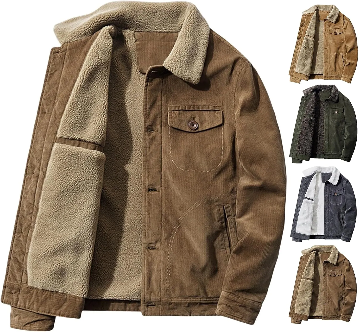 Men's Corduroy Jacket Fleece Sherpa Lined Trucker Jacket Button Front Cardigan Coat Midweight Thermal Coat with Pockets