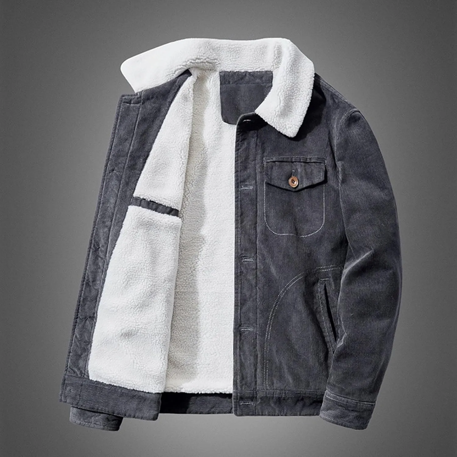 Men's Corduroy Jacket Fleece Sherpa Lined Trucker Jacket Button Front Cardigan Coat Midweight Thermal Coat with Pockets