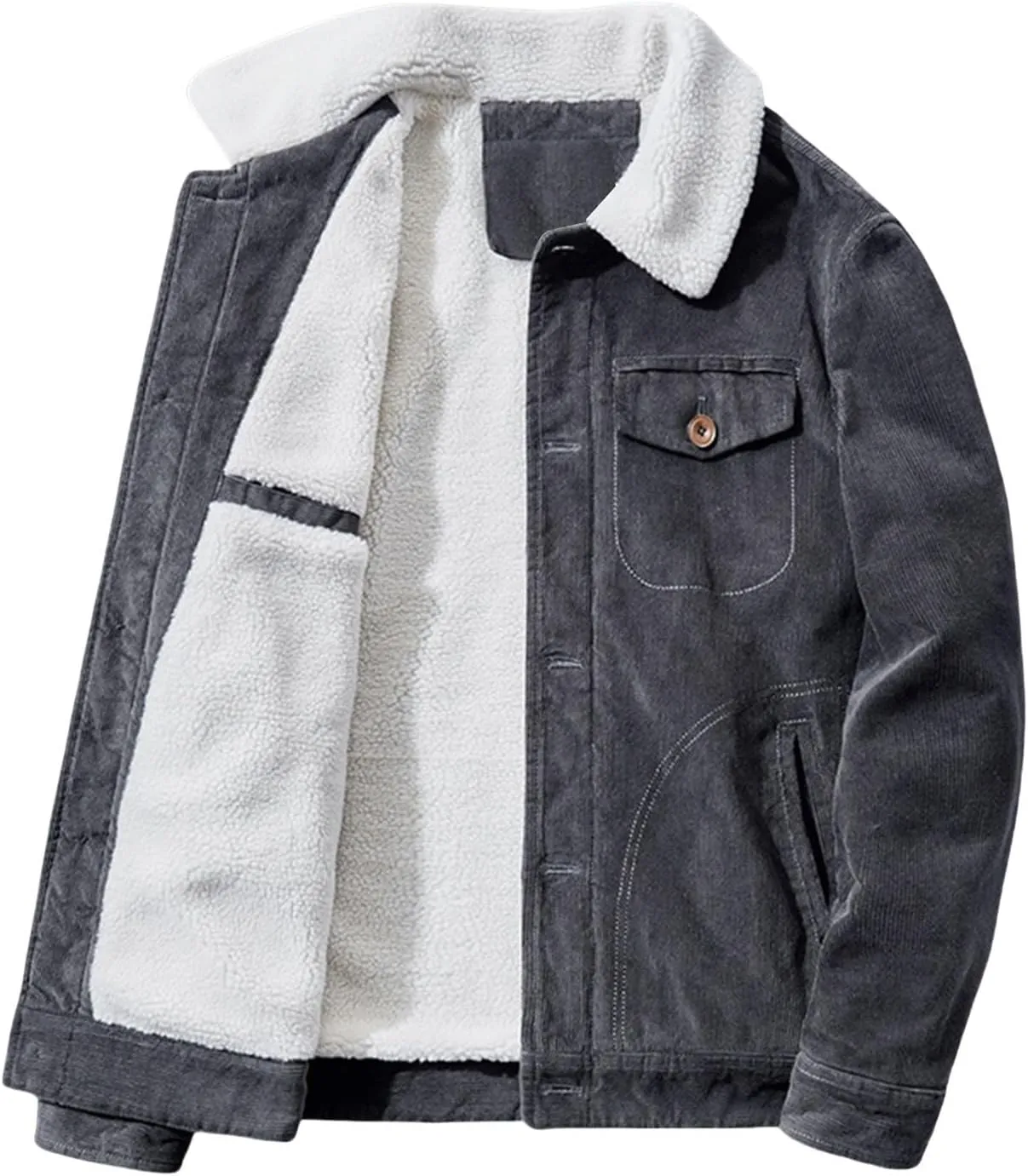 Men's Corduroy Jacket Fleece Sherpa Lined Trucker Jacket Button Front Cardigan Coat Midweight Thermal Coat with Pockets