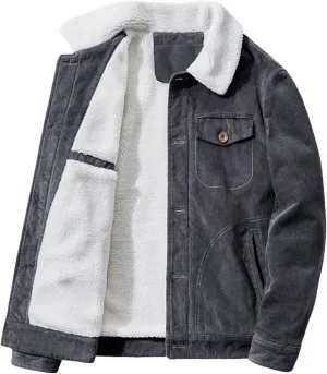 Men's Corduroy Jacket Fleece Sherpa Lined Trucker Jacket Button Front Cardigan Coat Midweight Thermal Coat with Pockets