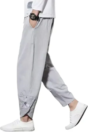 Mens Cotton Linen Casual Chinese Style Crane Embroidery Harlan Cropped Pants Spring Summer Loose Retro Trousers
