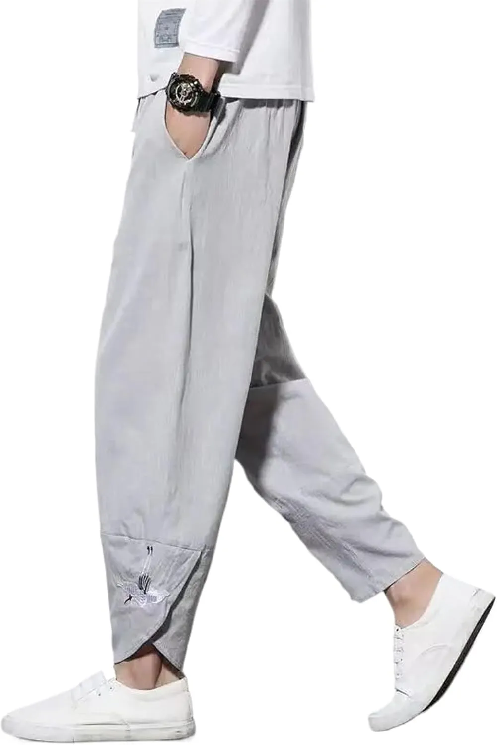 Mens Cotton Linen Casual Chinese Style Crane Embroidery Harlan Cropped Pants Spring Summer Loose Retro Trousers