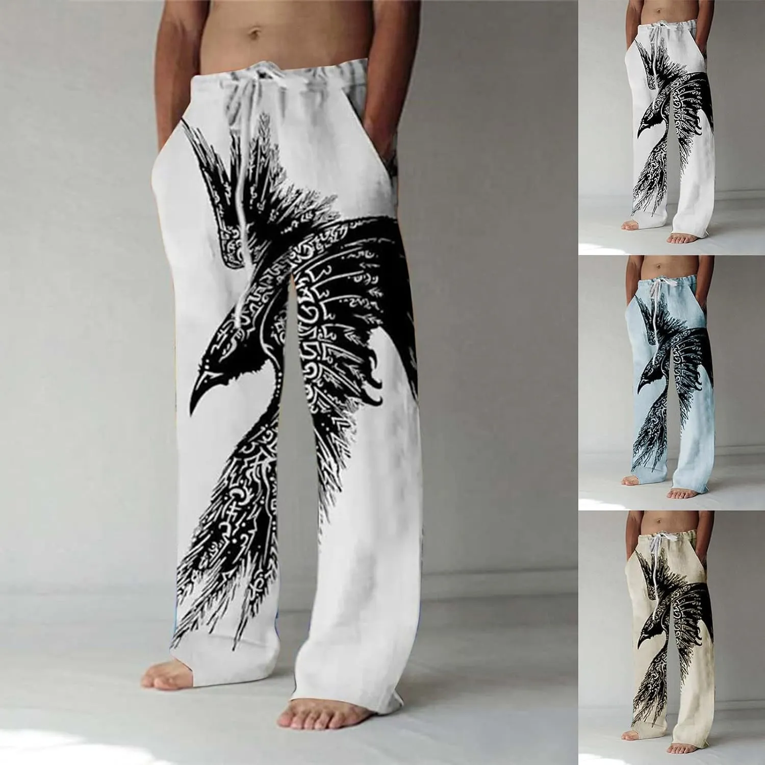 Mens Cotton Linen Pants Printed Drawstring Elastic Waist Casual Jogger Yoga Pants Plus Size Summer Beach Pants S-5XL