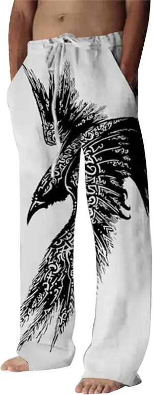 Mens Cotton Linen Pants Printed Drawstring Elastic Waist Casual Jogger Yoga Pants Plus Size Summer Beach Pants S-5XL