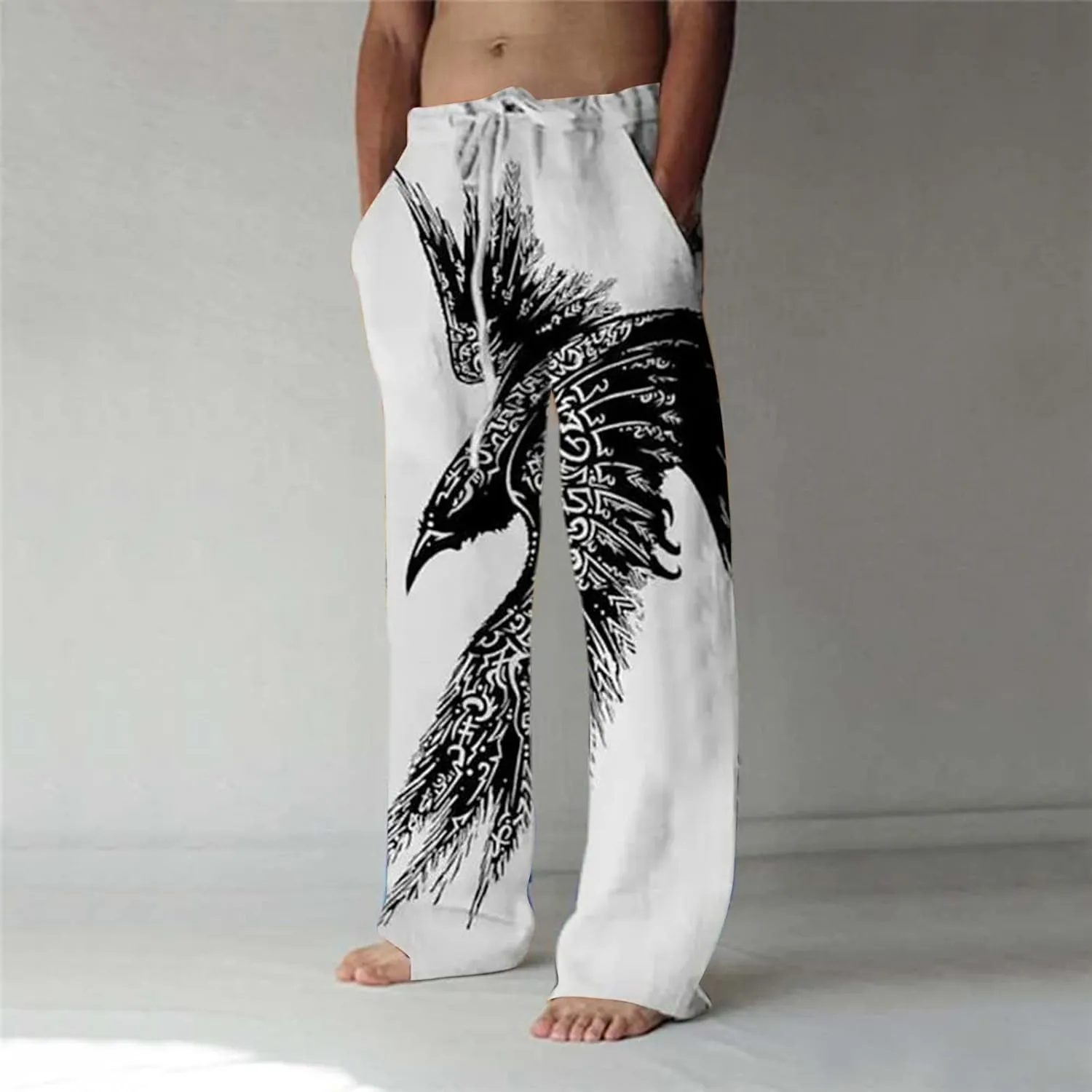 Mens Cotton Linen Pants Printed Drawstring Elastic Waist Casual Jogger Yoga Pants Plus Size Summer Beach Pants S-5XL