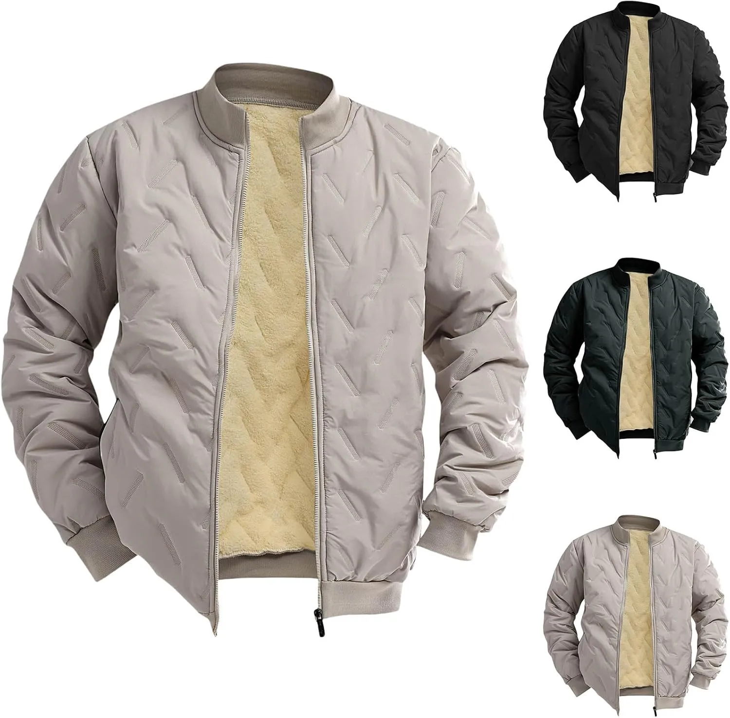 Men's Diamond Quilted Woolen Bomber Jacket Sherpa Lined Fleece Stand Collar Thicken Warm Winter Trendy Coat Outerwear
