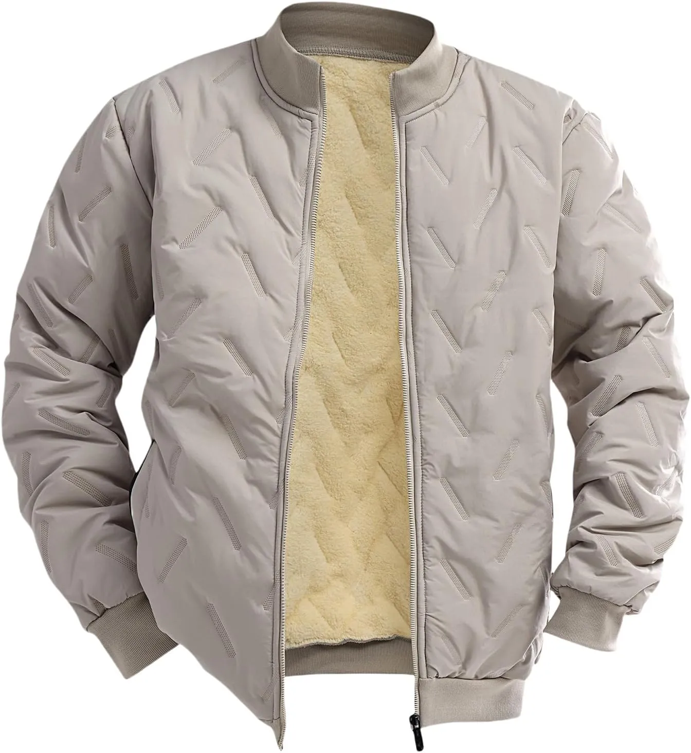 Men's Diamond Quilted Woolen Bomber Jacket Sherpa Lined Fleece Stand Collar Thicken Warm Winter Trendy Coat Outerwear