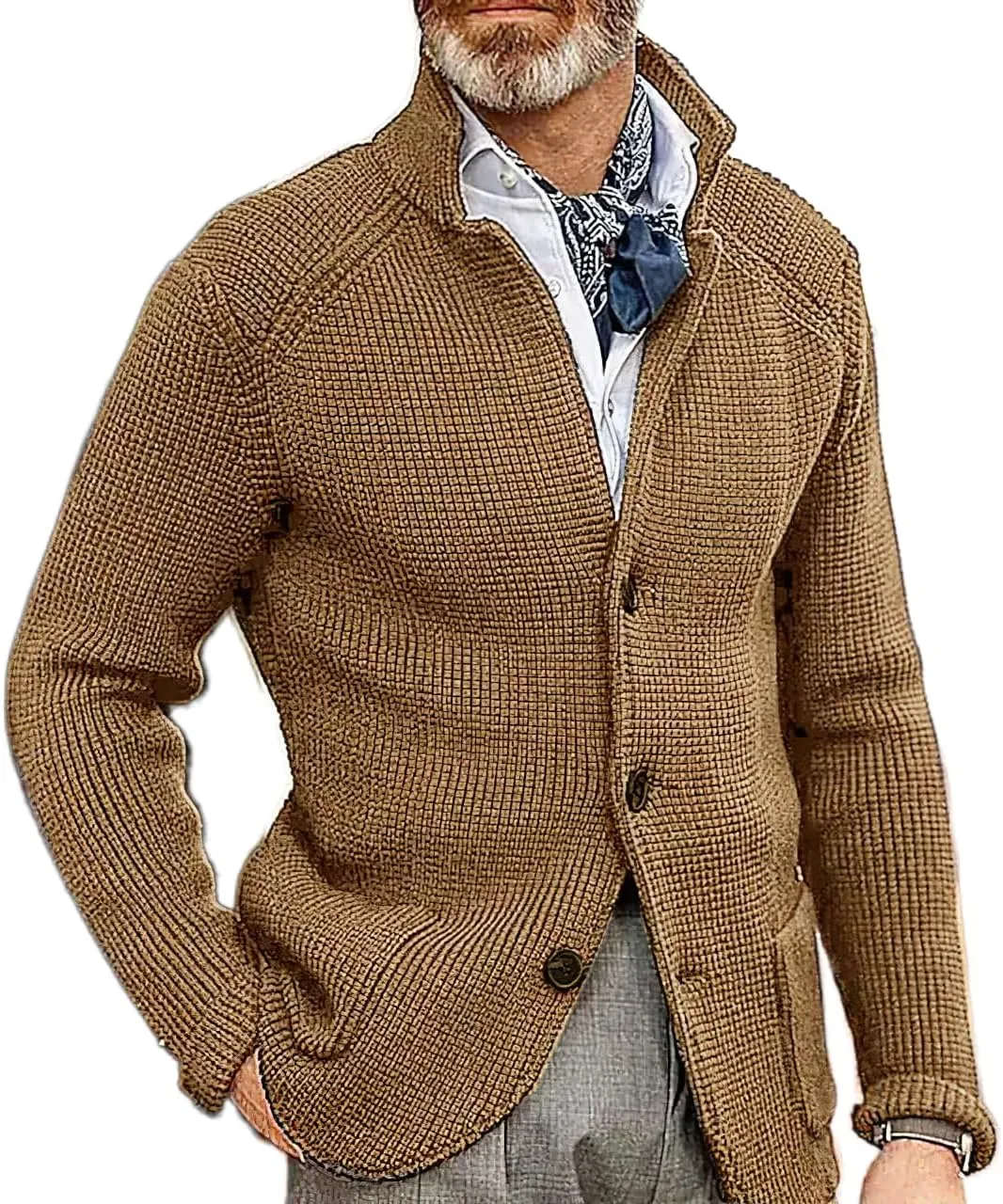 Men's Fall Button Down Knitted Cardigan Sweater Casual Stand Collar Winter Business Blazer Jacket with Pockets