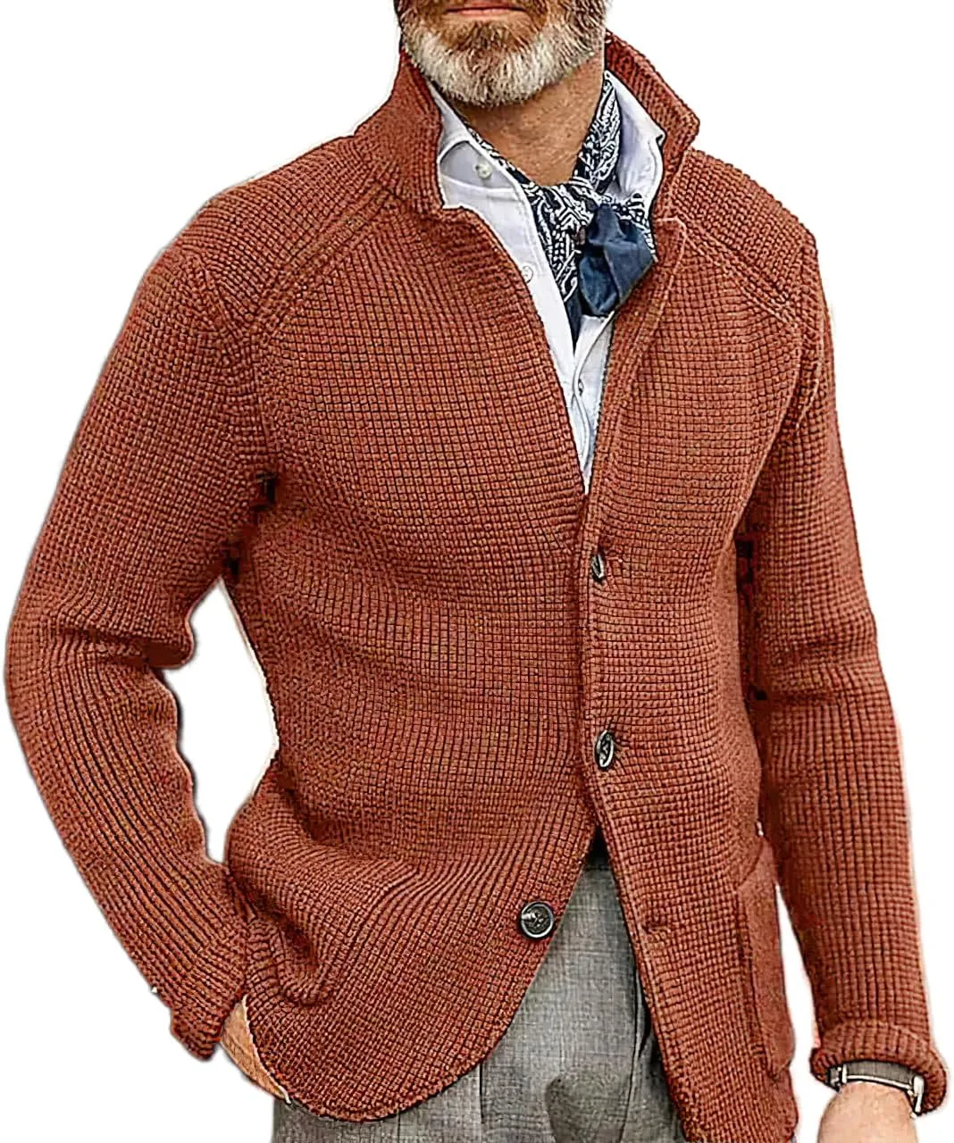 Men's Fall Button Down Knitted Cardigan Sweater Casual Stand Collar Winter Business Blazer Jacket with Pockets